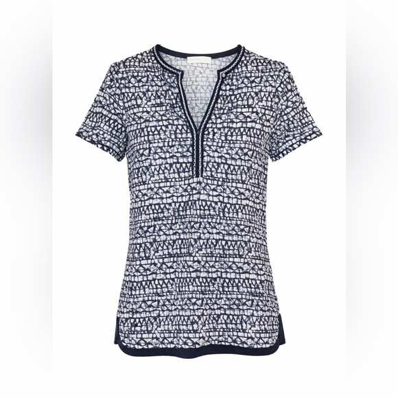 Tory Burch Tops - Tory Burch Nic Linen Tee Navy White Beaded‎ V Neck XS